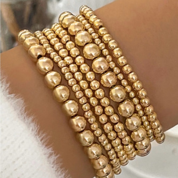Seven Piece Minimalist Gold Plated Beaded Luxury Bracelet Set - Picture 1 of 4
